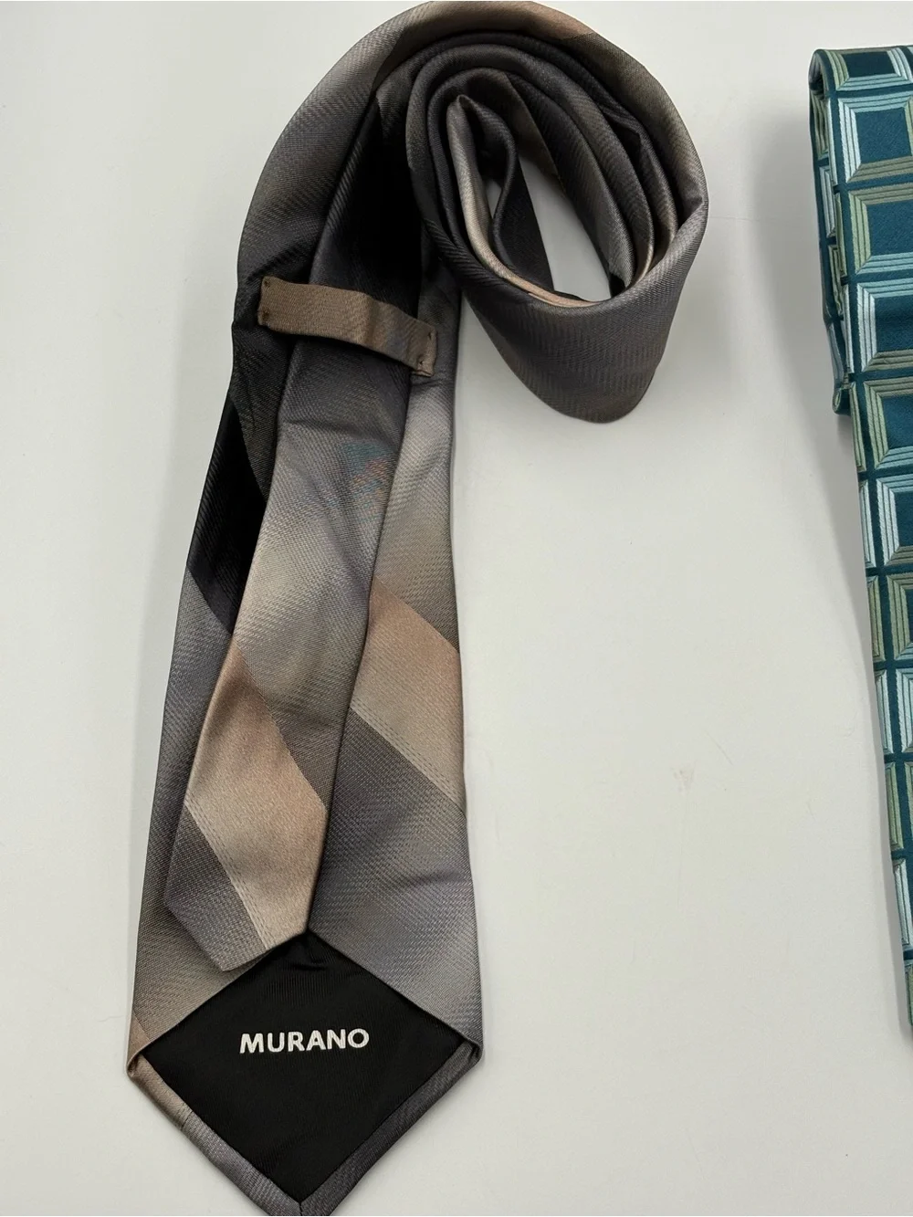 Lot of 2 Murano Men’s Designer Neck Ties Gray Stripe & Blue Geometric